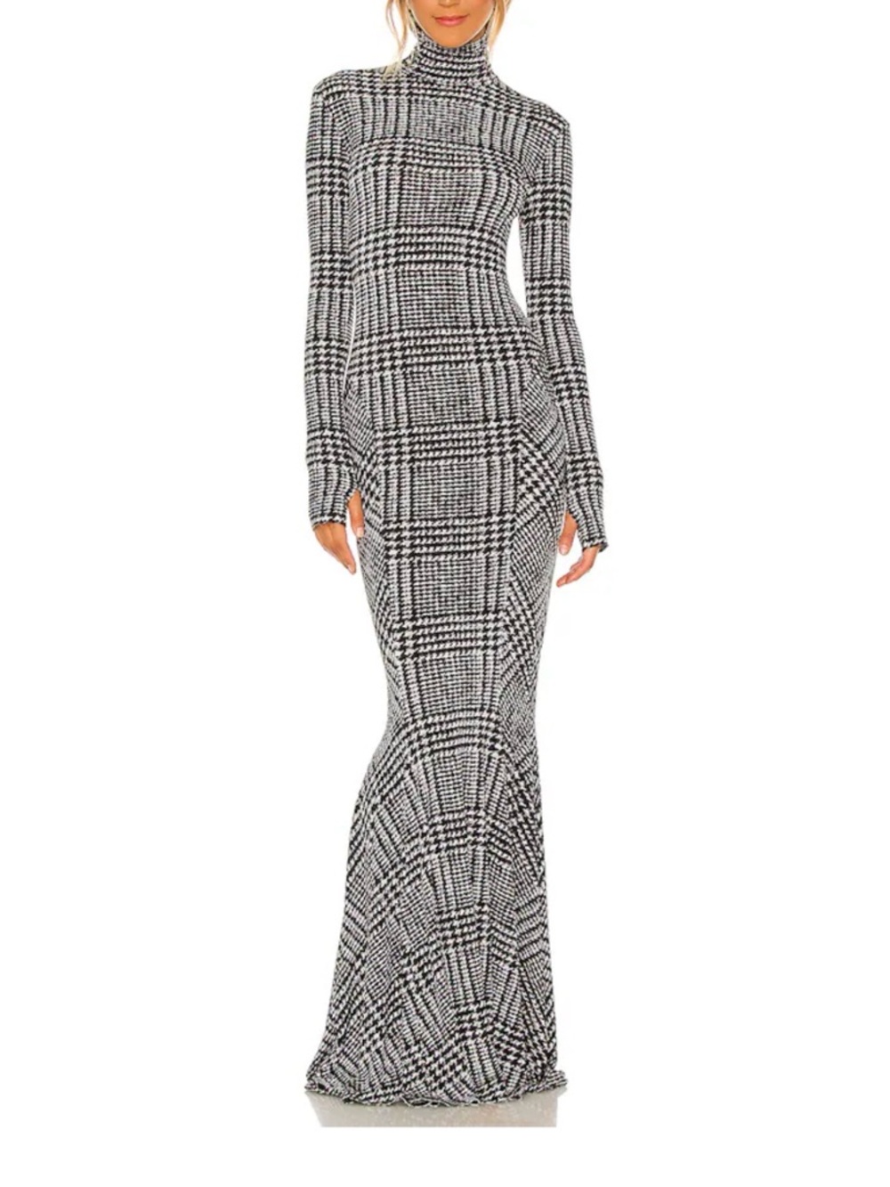 Norma Kamali Long Sleeve Turtle Fishtail Gown in Large Glenn Plaid